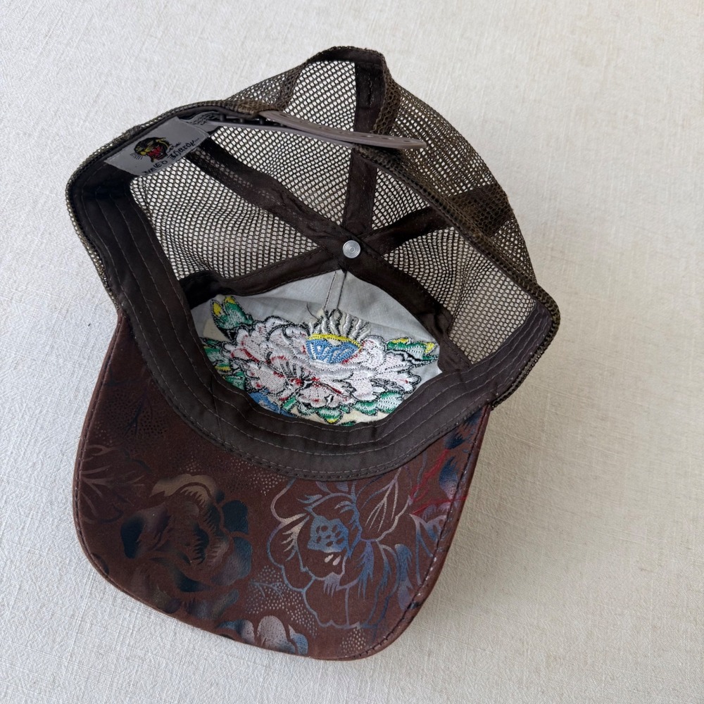 Ed Hardy Brown Floral Rhinestone Rose Tattoo Trucker Hat Mesh Snapback Cap Y2K - Picture 4 of 7